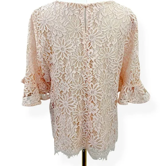 Nanette Lepore Floral Lace Crew Neck Bell Sleeve Top Shirt Large Light Pink - Picture 6 of 14
